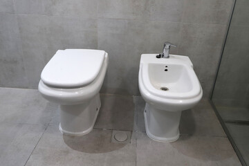 
Modern bathroom with toilet and bidet on gray porcelain floor