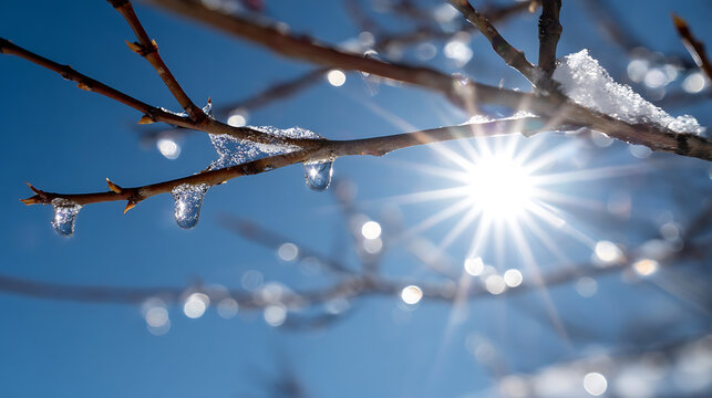 Icy droplets clinging to bare branches illuminated by bright sunburst tree branches water droplets - Powered by Adobe