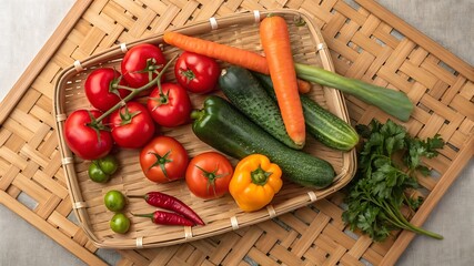 A vibrant assortment of fresh vegetables including tomatoes carrots cucumbers and peppers arranged on a rustic woven tray