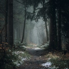 Naklejka premium Ethereal snowfall in a dense forest creates an enchanting atmosphere of tranquility