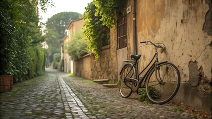 Fototapeta premium Vintage bicycle leaning against a weathered wall on a cobblestone street in a european alleyway