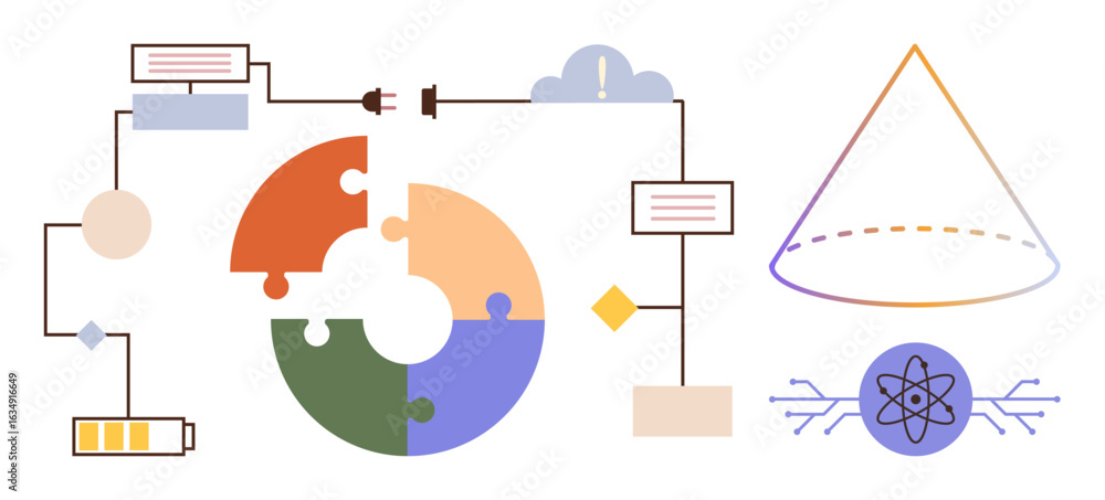 Poster circular puzzle chart linked through process flow lines, cloud, and battery icons, alongside conical