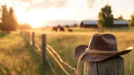 Cowboy hat on fence post at sunset rural landscape