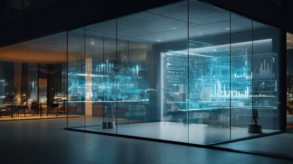 Futuristic Office Interior with Holographic Data Display Screens - Digital Technology Innovation Center