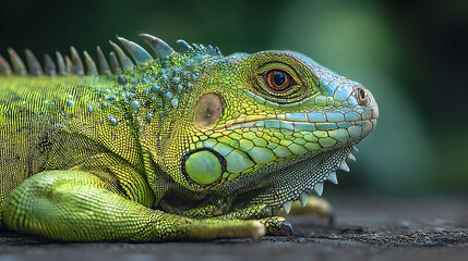 Fototapeta premium Green iguana reptile detailed profile with spiky crest and textured scales image