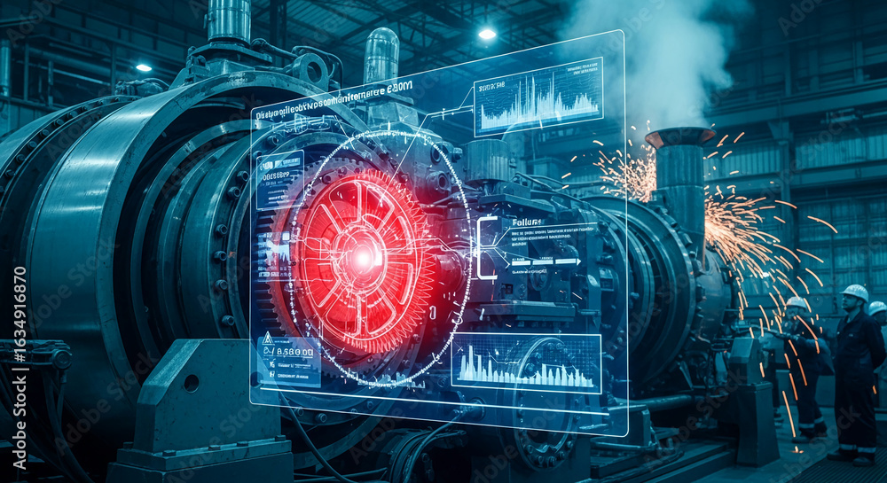 Poster industrial machinery with digital overlay showcasing predictive maintenance technology, depicting ad