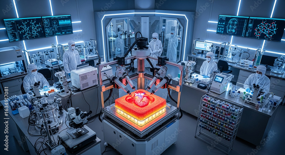 Aufkleber high-angle view of a modern laboratory showcasing scientists working around a 3d bioprinter creating