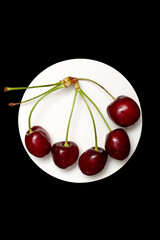 Red ripe cherries close-up on a white circle on a black background