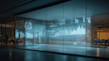 Futuristic Office Interior with Holographic Data Display Screens - Digital Technology Innovation Center