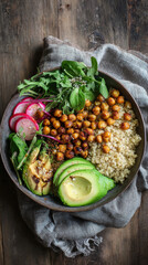 Vegetarian buddha bowl with quinoa, roasted chickpeas, avocado, and greens