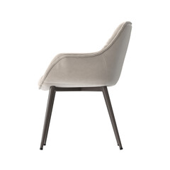 Modern Upholstered Armchair, Diamond Tufted Cushion, Light Beige Fabric, Dark Metal Frame, Side View 3D Render