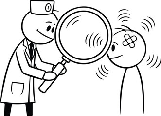 Doctor examining patient with magnifying glass and bandaged head medical examination