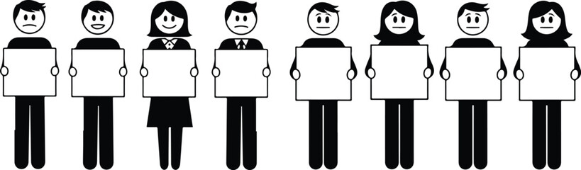 Diverse Stick Figures Holding Blank Signs with Different Emotions people group