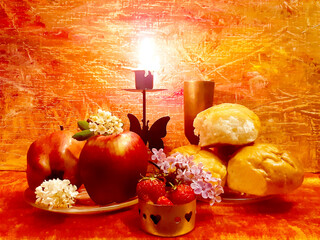 Delicious food. Apples, strawberries, buns. Bright romantic still life on a red background, candle...