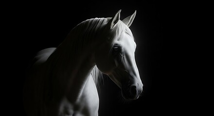 Elegant portrait of a white horse with a dark background in studio