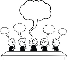 Group of stick figures thinking with thought bubbles above heads people