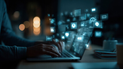 Hands Typing on Laptop with Holographic Icons - Programming and Digital Innovation Technology