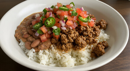 A deconstructed burrito bowl, showing layers of rice, beans, meat, and fresh salsa
