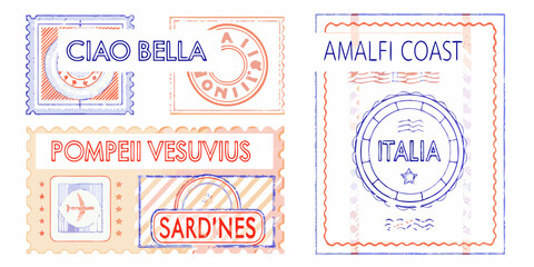 Italian travel stamps featuring destinations and greetings © Smritykona