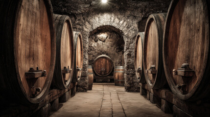 Oak wine barrels in old dark wine cellar