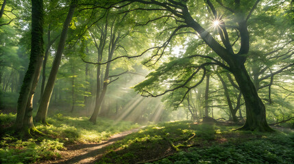 Fototapeta premium Sunlight filters through the lush green forest, creating a tranquil scene