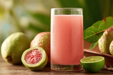 Glass of guava juice with pink hue and tropical fruit in background