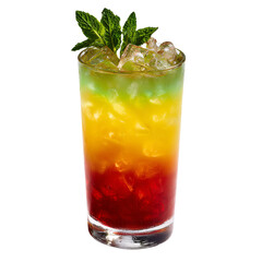 A colorful layered cocktail with ice and mint garnish isolated on transparent background