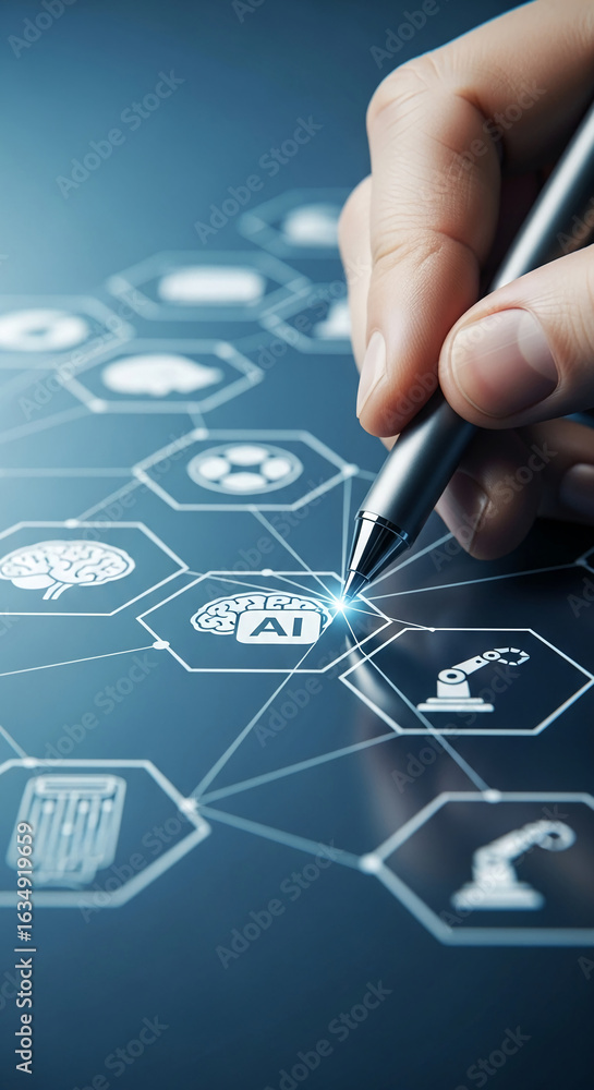 Aufkleber hand using stylus on dark blue touchscreen showing ai network concept hexagon icons, symbolizing tec