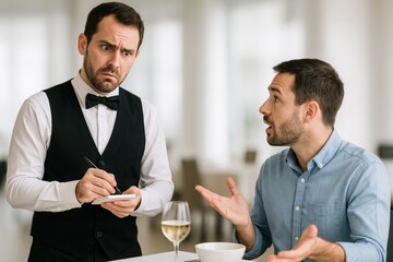 Customer expresses concern to waiter during dining experience at upscale restaurant