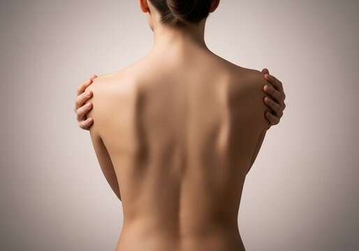 Woman's bare back with arms crossed, highlighting smooth, healthy skin and good posture.