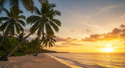 Serene Tropical Beach Sunset with Palm Trees and Ocean Waves