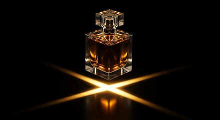Elegant perfume bottle with golden liquid glows brilliantly in dramatic studio lighting.