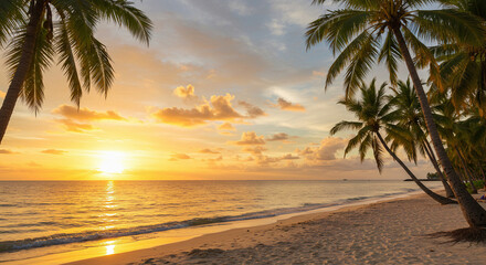 Fototapeta premium Serene Tropical Beach Sunset with Palm Trees and Ocean Waves