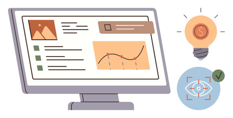 Computer screen displaying analytics chart, checklist, and image thumbnail. Lightbulb with dollar sign and focus eye symbol. Ideal for business, analytics, strategy, innovation, productivity vision