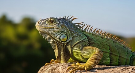 Obraz premium Green iguana basking in the sun, a common reptile in tropical climates
