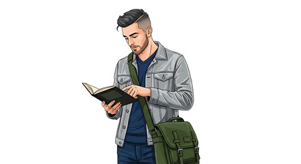 Man reading a book with a green backpack isolated on transparent background