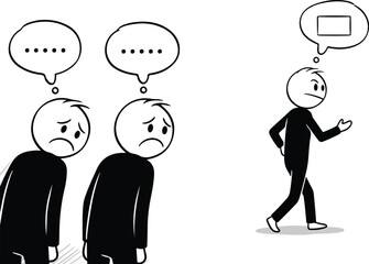 Two sad stick figures with thought bubbles and neutral stick figure walking away unhappy depressed
