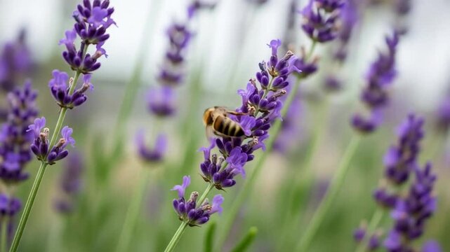 Busy bee collecting nectar from vibrant purple lavender flowers in a sunlit field, capturing nature's delicate process
