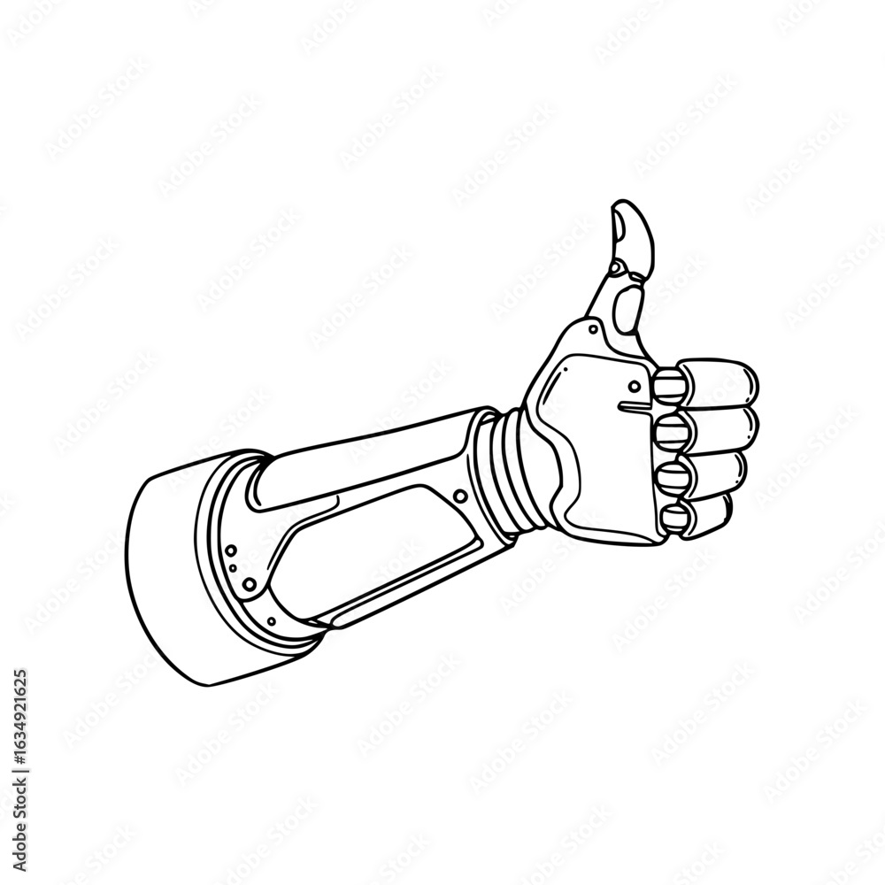 Poster robotic hand giving a thumbs up in line drawing style, isolated vector image on transparent backgrou