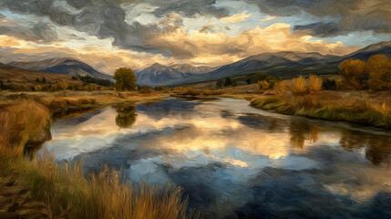 Obraz premium Golden hour river reflecting dramatic clouds and distant mountains reflection