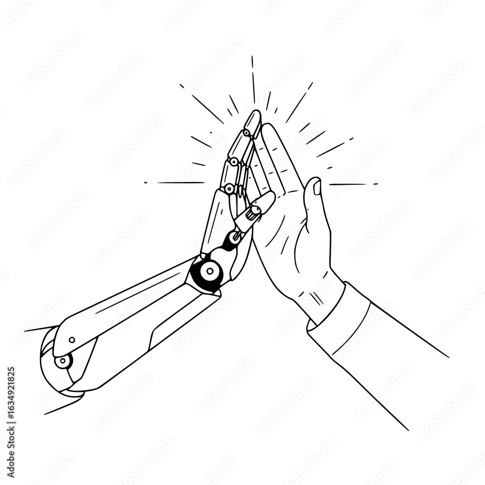 Poster human hand and robotic hand touching each other in line drawing style, isolated vector image on tran