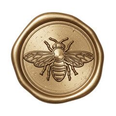 Golden wax seal with bee emblem isolated on transparent background