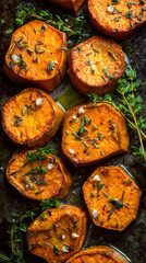 Oven-roasted sweet potato slices with olive oil and herbs on a baking sheet