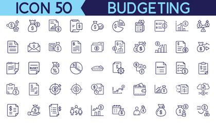 Simple line style showcases fifty budget related icons for financial planning, Budget Planner, Monthly Budget, Budget Sheet, Budget Calculator, Budget Chart.