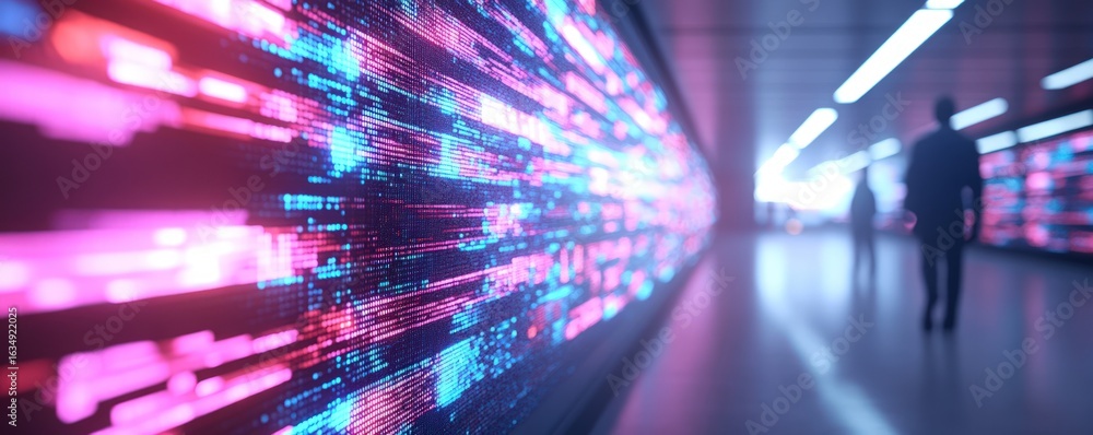 Poster futuristic data stream corridor with walking figures and abstract digital patterns