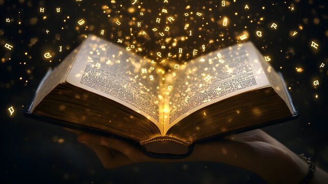 
Conceptual Image of an Open Book Glowing with Magic and Floating Letters