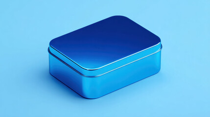 Elegant blue tin box with reflective finish placed on plain white surface, sky-blue background for branding