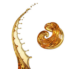 Golden liquid splash and swirl isolated on transparent background