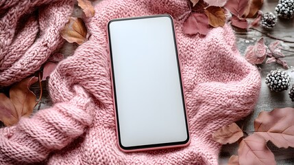 Smartphone with a blank screen rests on a pink knitted fabric background.