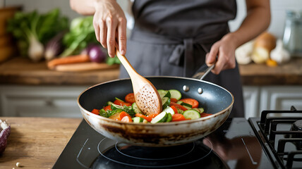 Woman stirs vegetables in a pan, cooking healthy food.
